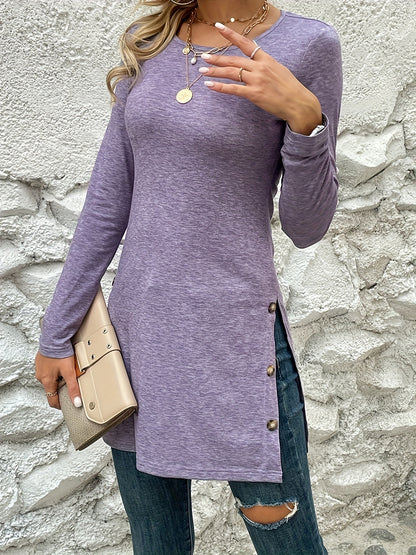 Camiseta elegante de manga larga con cuello redondo para mujer, abertura lateral, tela suave, top informal para otoño e invierno