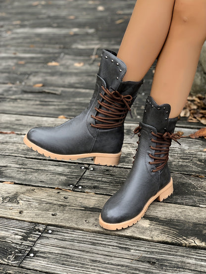 Women's Fashionable Mid-Calf Boots with Rivet Detail - Chunky Heel, Plush Lined for Winter Comfort, Side Zipper Closure