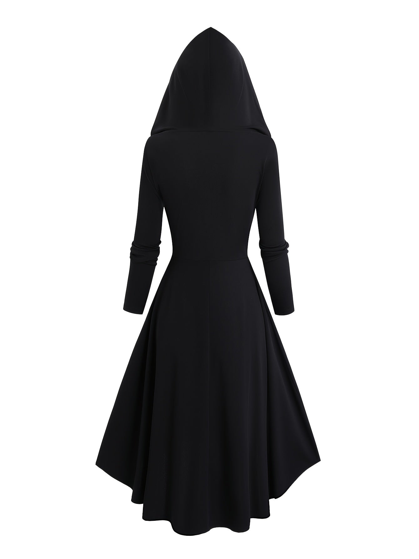 1pc Elegant Polyester Hooded Dress with Contrast Lace and Skull Pattern, Long Sleeve Color Block with O-Ring Detail, Knit Fabric A-Line Skater Dress for Adults, Fall/Winter Collection