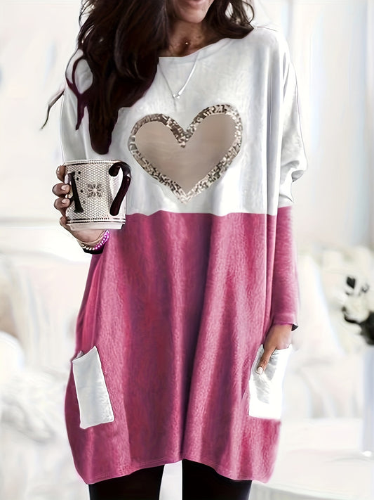 Women's Plus Colorblock Heart Print Drop Shoulder Long Sleeve Round Neck Tunic shirt With Pockets