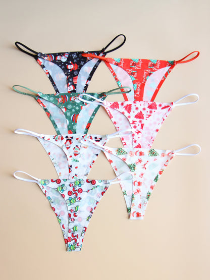 7pcs Sexy Low-Rise Thongs with Christmas Prints, Soft & Comfortable Women's Underwear