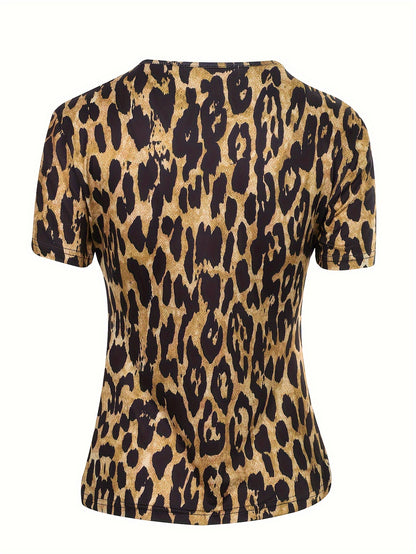 Elegante camiseta de manga corta con tirantes y encaje con estampado de leopardo para mujer