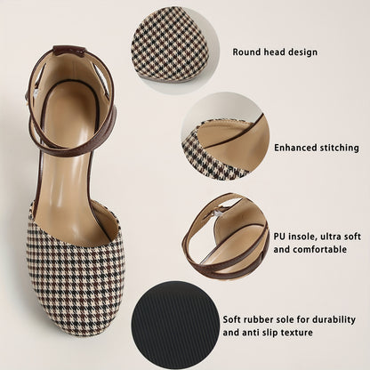 Chic Womens Houndstooth High Heel Sandals - DOrsay Crisscross Ankle Strap Design with Stable Platform Block Heel - Trendy Fashion Footwear