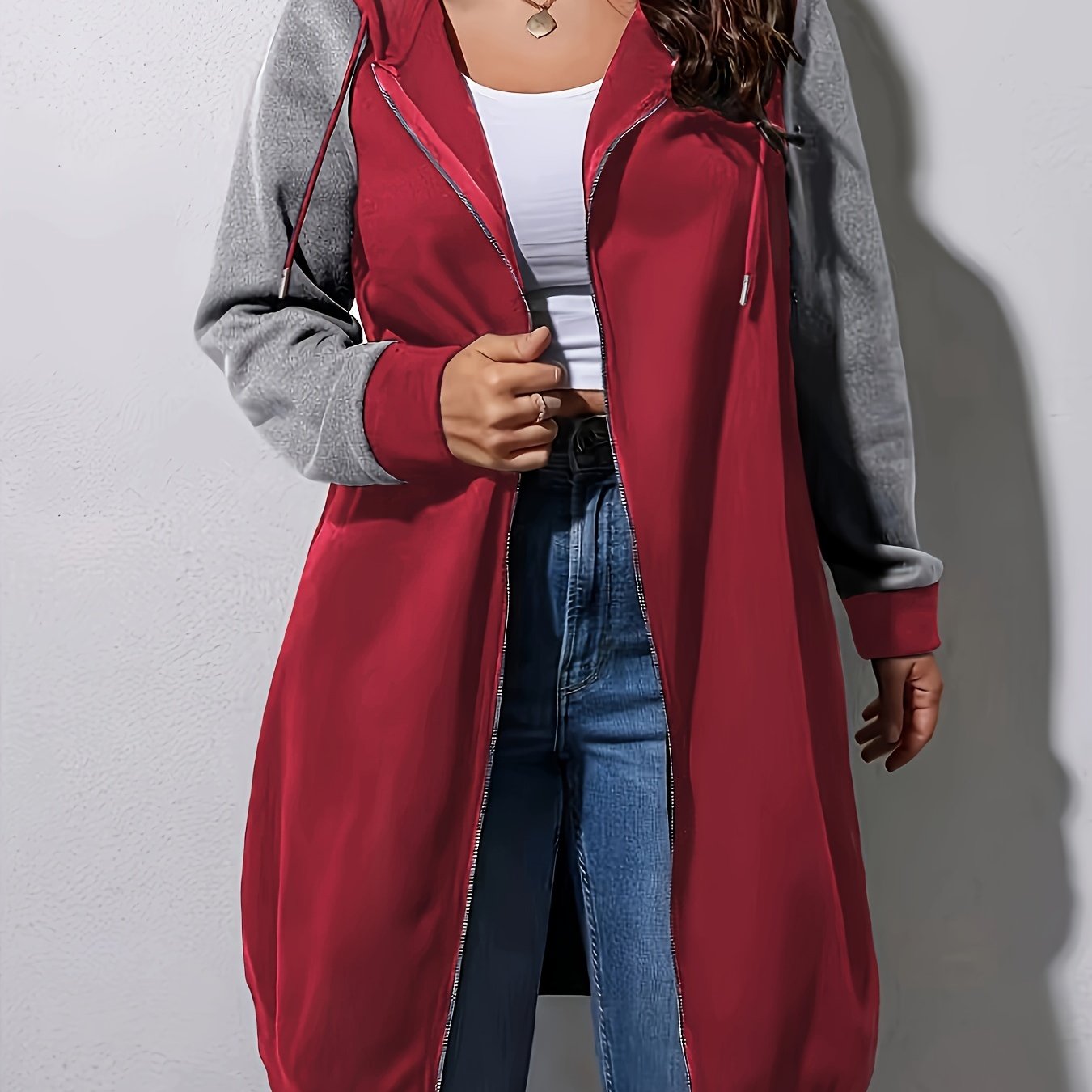 Plus Size Color Block Hooded Coat, Casual Drawstring Zipper Front Long Sleeve Outerwear For Fall, Women's Plus Size Clothing