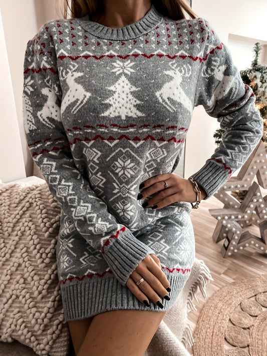 Christmas Pattern Crew Neck Pullover Sweater, Casual Long Sleeve Knitted Sweater For Fall & Winter, Women's Clothing