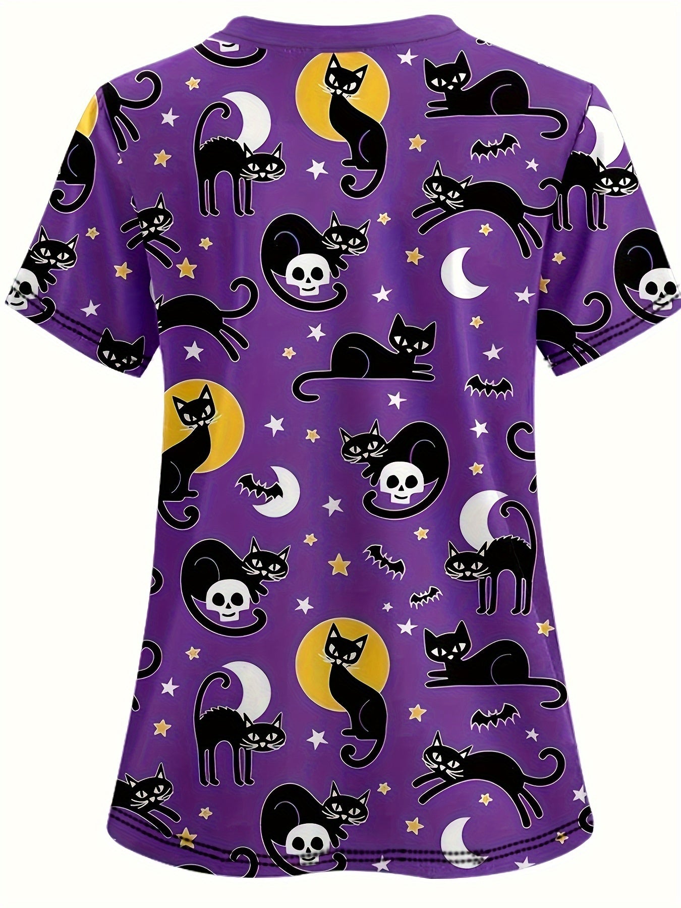 Spooky Halloween Cartoon V-Neck Scrub Top - Soft, Breathable, Comfortable, Functional Health Care Uniform - Perfect for Working in Hospitals, Dental Offices, Women's Work Clothing for Medical Professionals