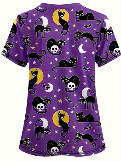 Spooky Halloween Cartoon V-Neck Scrub Top - Soft, Breathable, Comfortable, Functional Health Care Uniform - Perfect for Working in Hospitals, Dental Offices, Women's Work Clothing for Medical Professionals