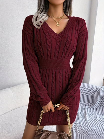 Cable Knit V Neck Knitted Dress, Elegant Solid Long Sleeve Drop Shoulder Sweater Dress, Women's Clothing