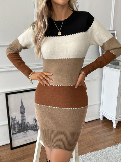Vibrant Color Block Dress - Flattering Long Sleeves for a Chic Look, Classic Crew Neck Design for a Timeless Appeal, Sophisticated and Refined Silhouette - Perfect for Modern Women Who Appreciate Style and Comfort