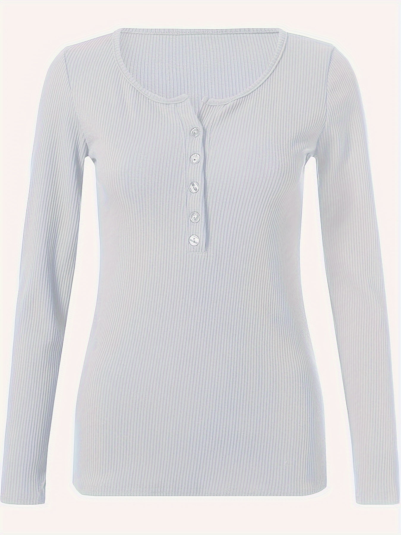 Camisa Henley informal con cuello en V para mujer, manga larga, tejido acanalado con detalle de botones, mezcla de poliéster elástico, lavable a máquina