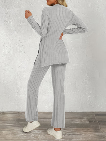 Trendy Two-Piece Ribbed Pantsuit Set - Long Sleeve Crew Neck Split Top & Strait Pants Outfit