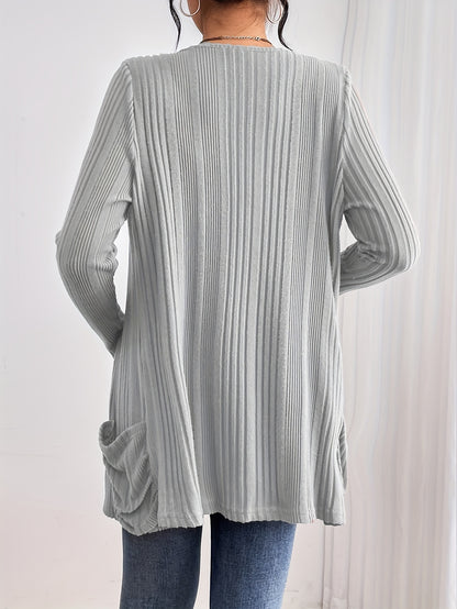 Womens Soft Rib Knit Cardigan - Solid Open Front, Slim Fit with Pockets - Long Sleeve Casual Wear for Everyday Fashion