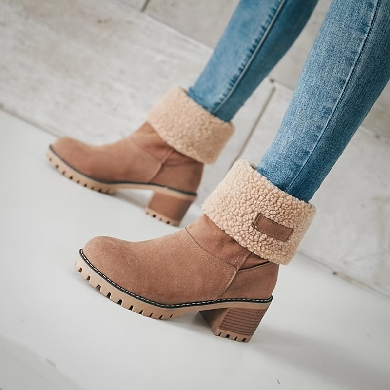 Cozy Winter Chunky Heel Boots - Soft Plush Lined, Slip-On Design, Comfortable Ankle Support, Warm Insulation, Casual Style for Daily Wear - Perfect for Cold Weather - LuxyXO