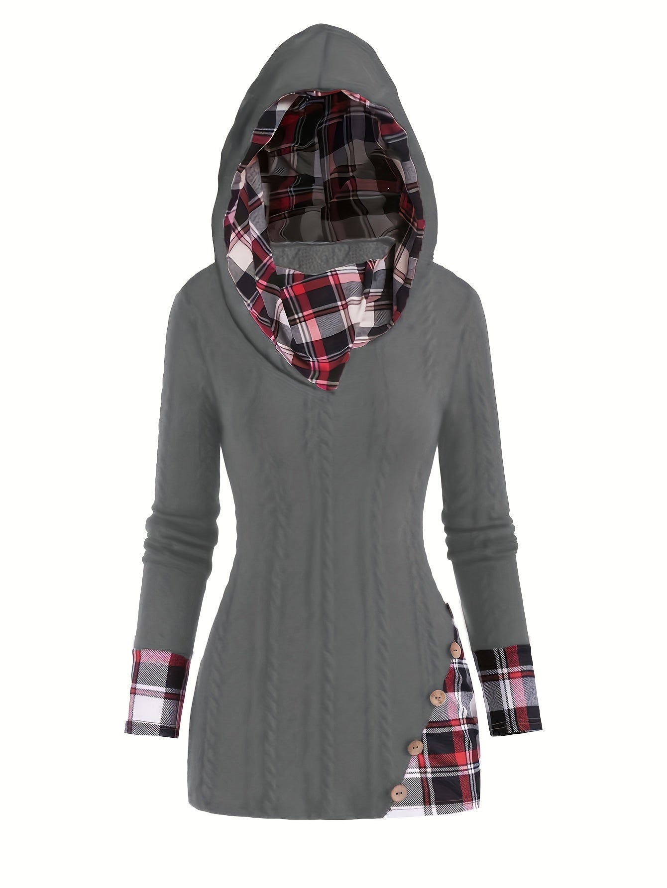 Plaid Splicing Button Decor Cable Hooded Sweater - Stylish Long Sleeve Casual Wear for Women with Decorative Button Details and Unique Splicing Design - Perfect for Everyday Fashion