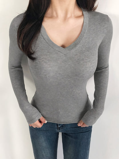 Plus Size Cozy Chic Lounge Top - Soft Solid Long Sleeve V Neck Slim Fit Home Wear T-shirt for Fall and Winter - Comfortable Casual Wear for Relaxation