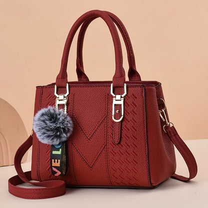 Elegant Women's Fashion Tote Bag With Pom-Pom Charm, Embroidered Faux Leather Handbag