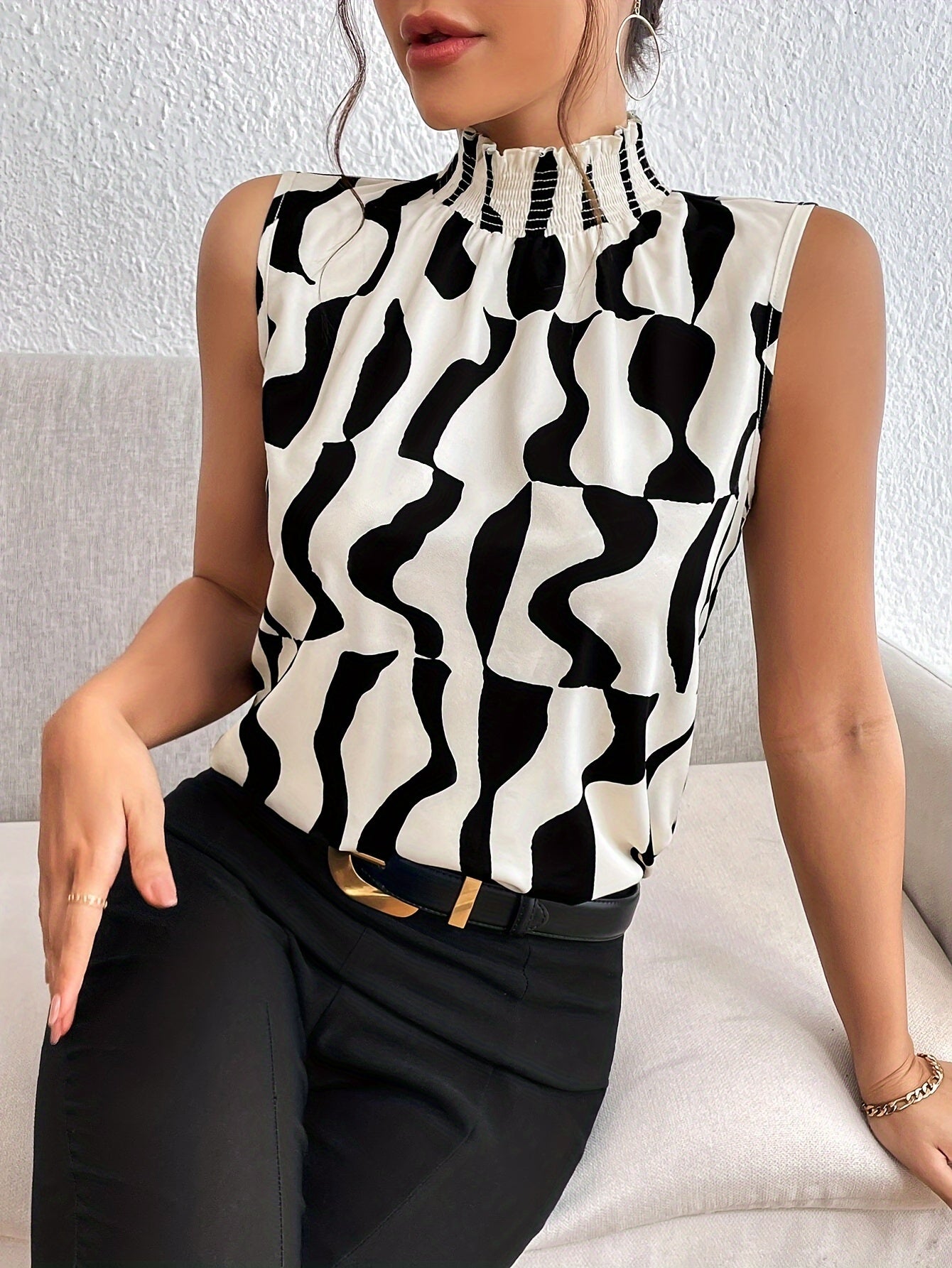 Abstract Print Turtleneck Blouse, Elegant Sleeveless Loose Blouse For Spring & Summer, Women's Clothing