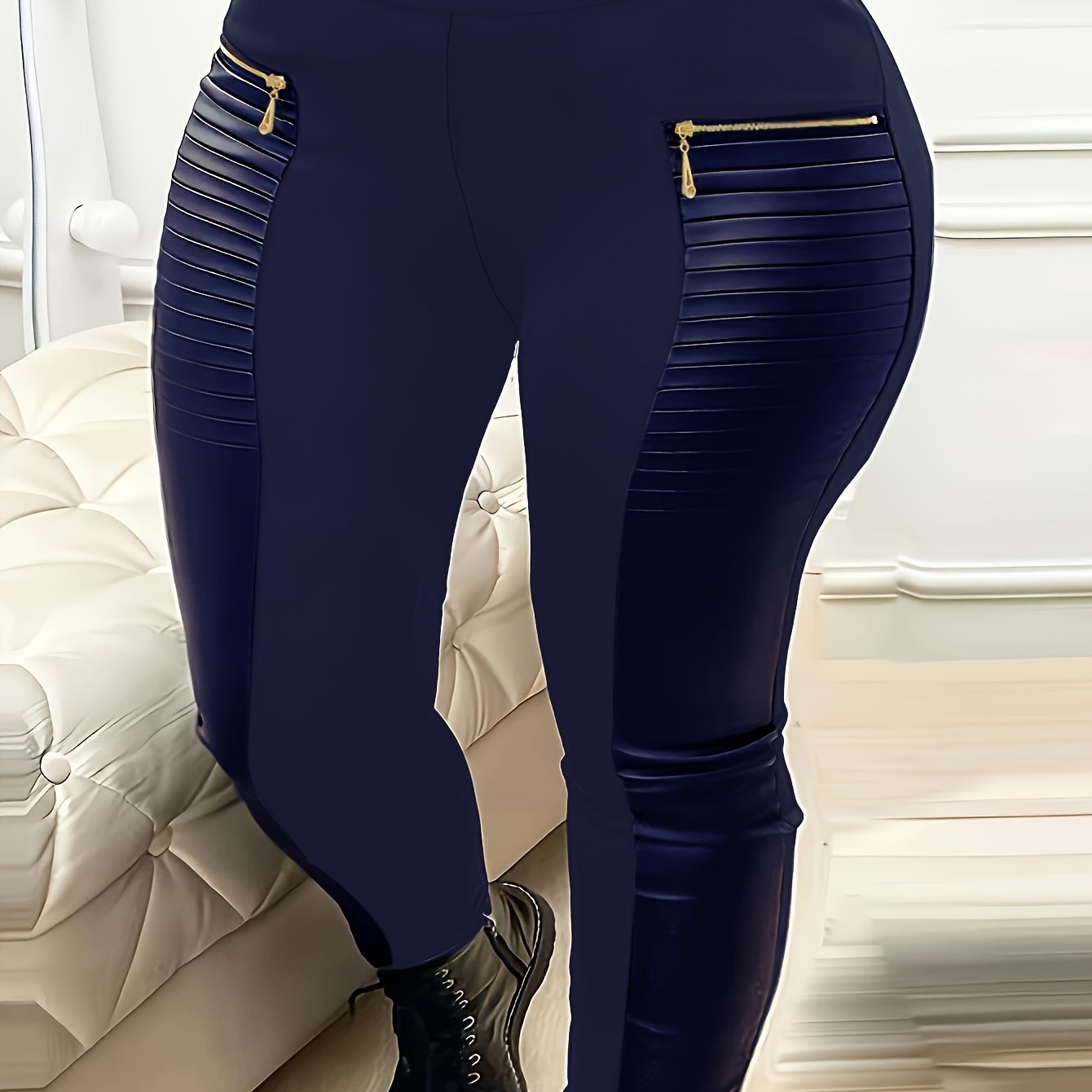 Leggings ajustados de talla grande, tejido de punto de poliéster con detalle de cremallera, pantalones elásticos de color sólido
