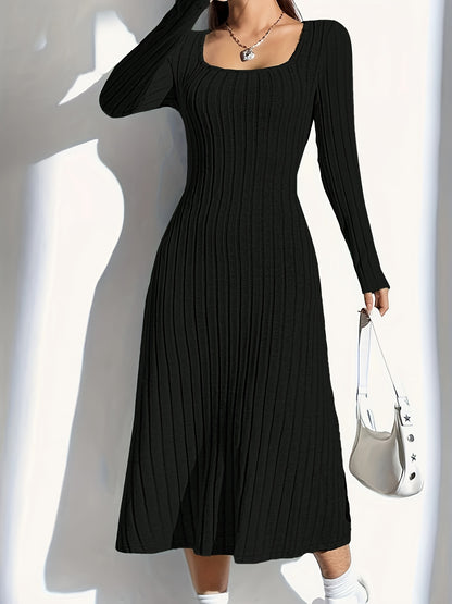 Women'S Ribbed Knit Long Sleeve Midi Dress, Casual Collar, Solid Color, Polyester, Fitted for Spring/Summer/Fall