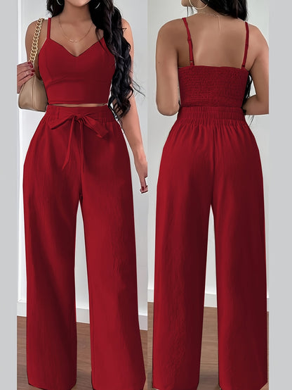 Women's Elegant Solid Color Polyester Off-Shoulder Top and Wide Leg Pants Set