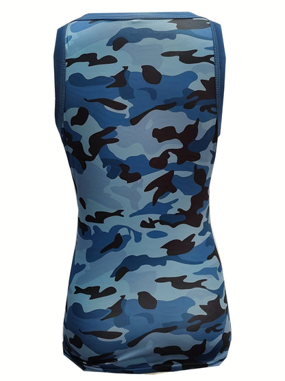 Vibrant Camo Print Tank Top - Crew Neck, Medium Stretch Cotton Blend, Regular Length, Machine Washable, Sexy Summer Essential for Women - Spring/Summer Fashion Must-Have