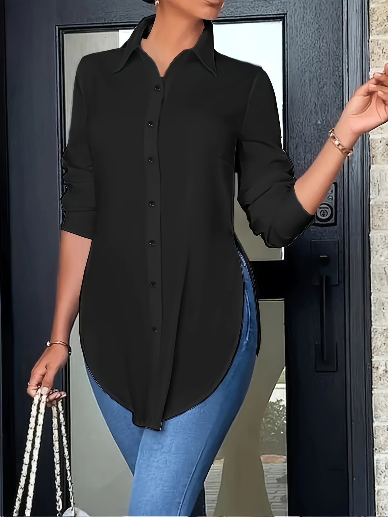 Plus Size Solid Curved Hem Button Front Shirt, Elegant Long Sleeve Shirt For Spring & Fall, Women's Plus Size Clothing