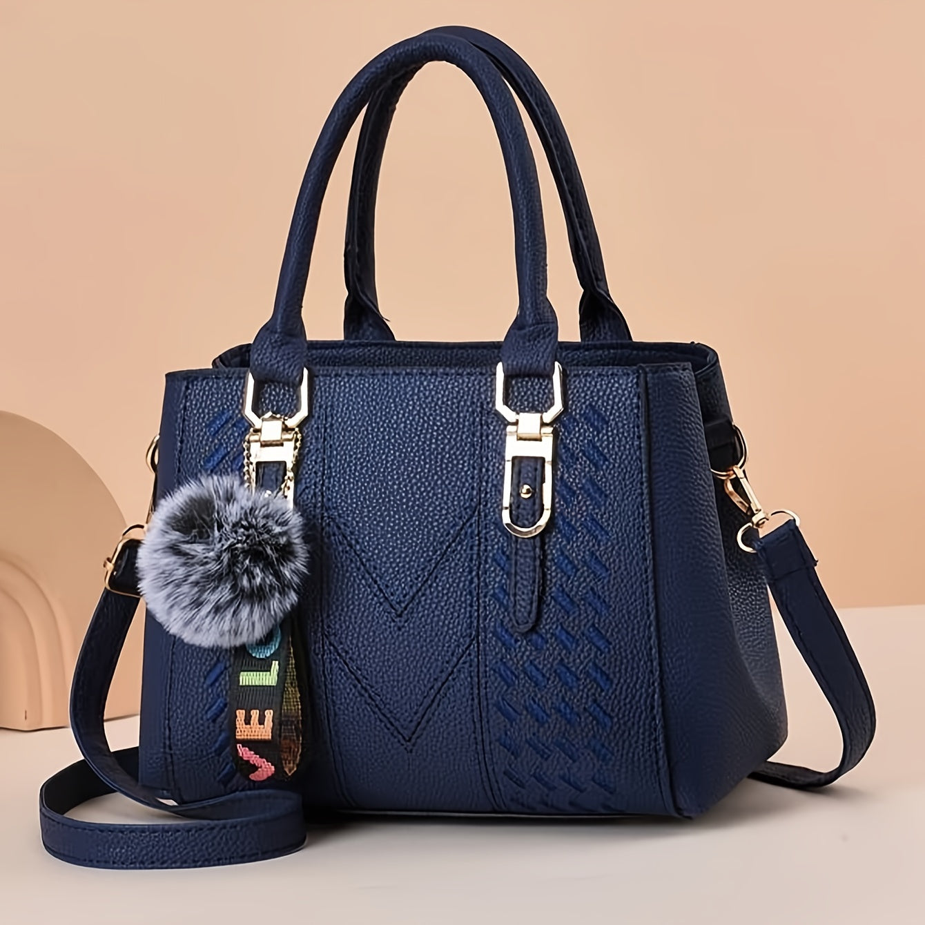 Elegant Women's Fashion Tote Bag With Pom-Pom Charm, Embroidered Faux Leather Handbag