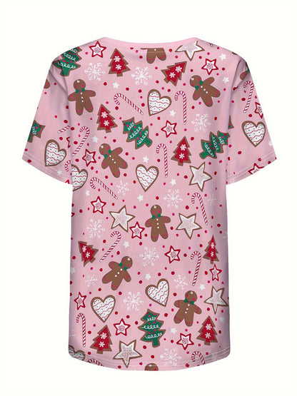 Christmas Print V-neck Scrub Top, Comfortable & Functional Health Care Uniform Top, Perfect For Working In Hospitals & Dental Office, Women's Work Clothing