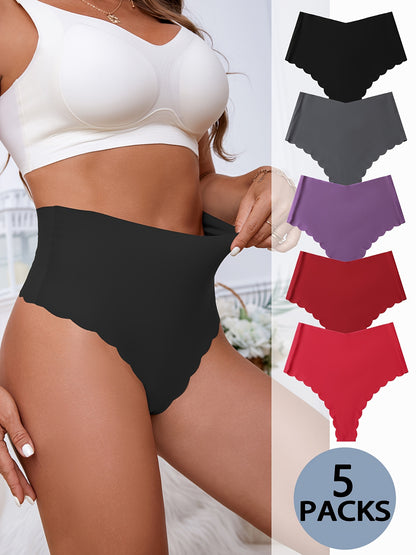 High-Waisted Seamless Scallop Trim Thongs - 5-Pack - LuxyXO