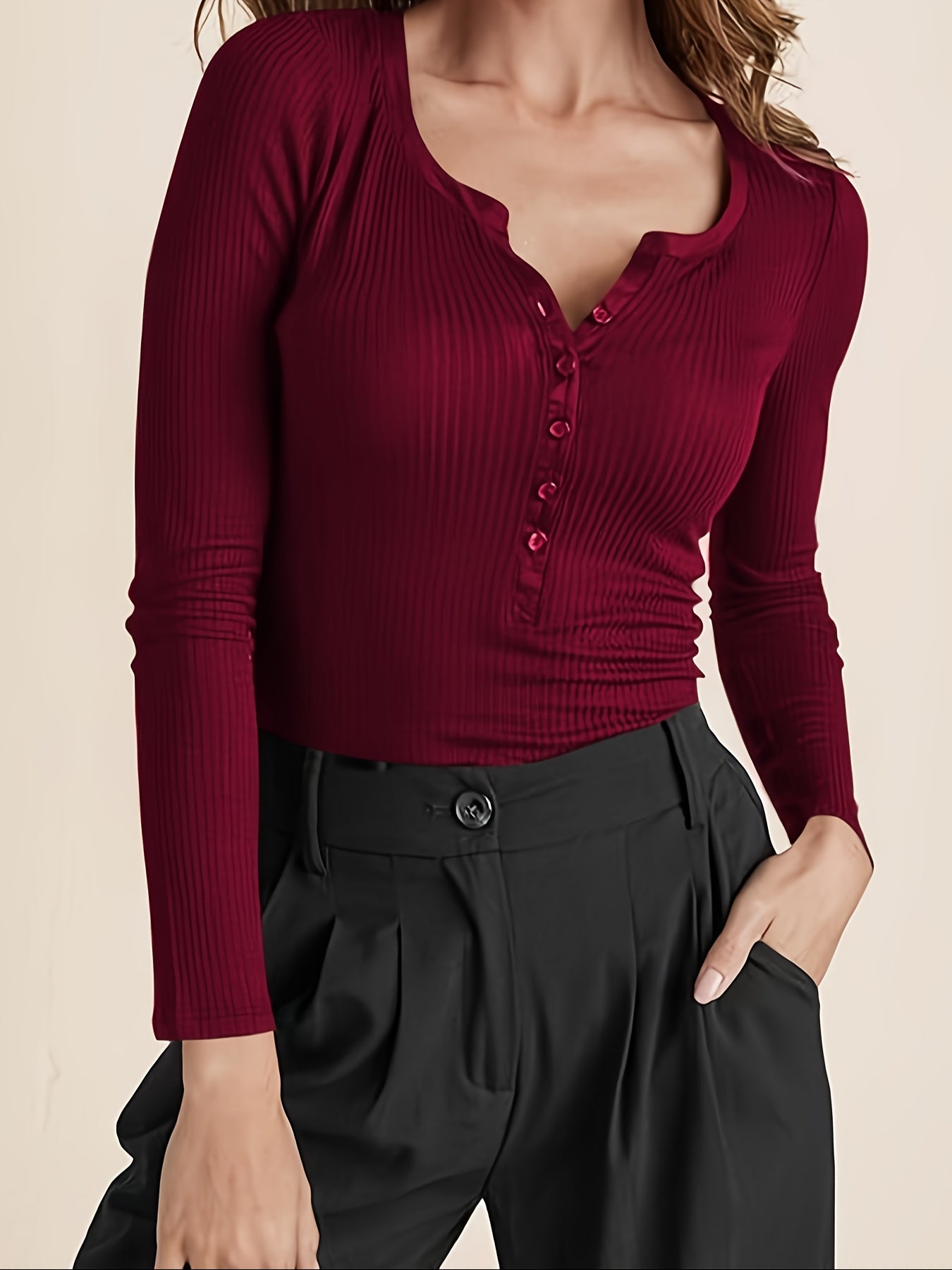 Camisa Henley informal con cuello en V para mujer, manga larga, tejido acanalado con detalle de botones, mezcla de poliéster elástico, lavable a máquina