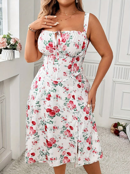 Plus Size Floral Chic Tie Front Strap Dress - Elegant Sleeveless Split Design, Flowy Comfortable Fabric, Perfect for Summer, Women's Curve-Hugging Clothing, Ideal for Outdoor Events and Casual Daily Wear