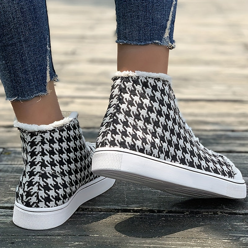 Womens Houndstooth Canvas Sneakers - Round Toe Comfort, High Top Style, Casual Flat Sole, Durable Skate-Inspired Shoes