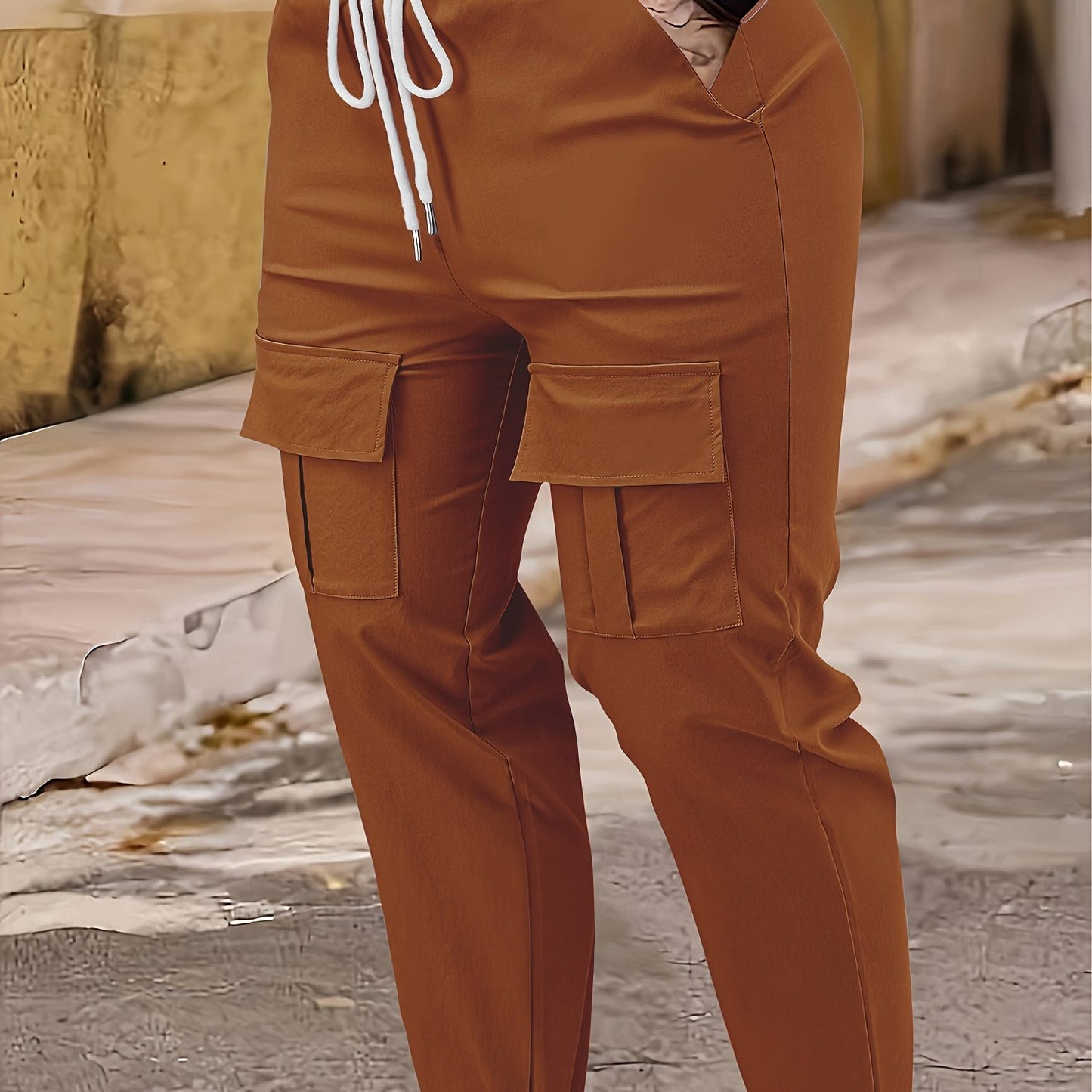 Plus Size Flap Pockets Fitted Bottom Cargo Pants, Casual Drawstring Pants