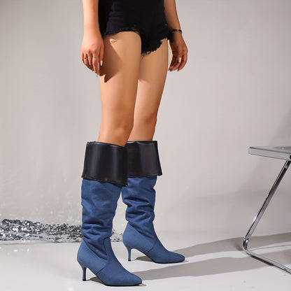 Women's Denim Stiletto Long Boots, Folding Design Slouch Knee High Boots, Fashion Slip On High Heeled Boots - LuxyXO