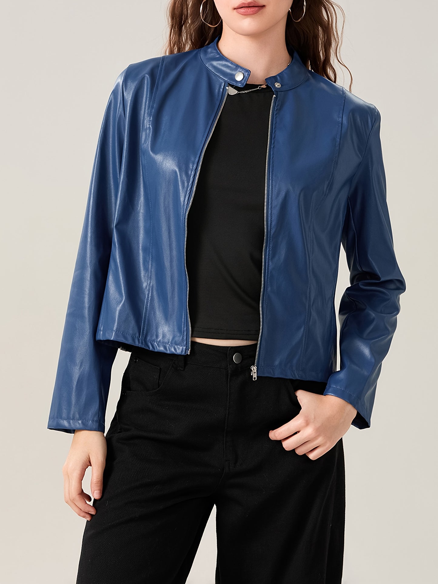 Women's Faux Leather Jacket, Slim Moto Biker Jacket Outerwear, Long Sleeve Zipper Short Jacket