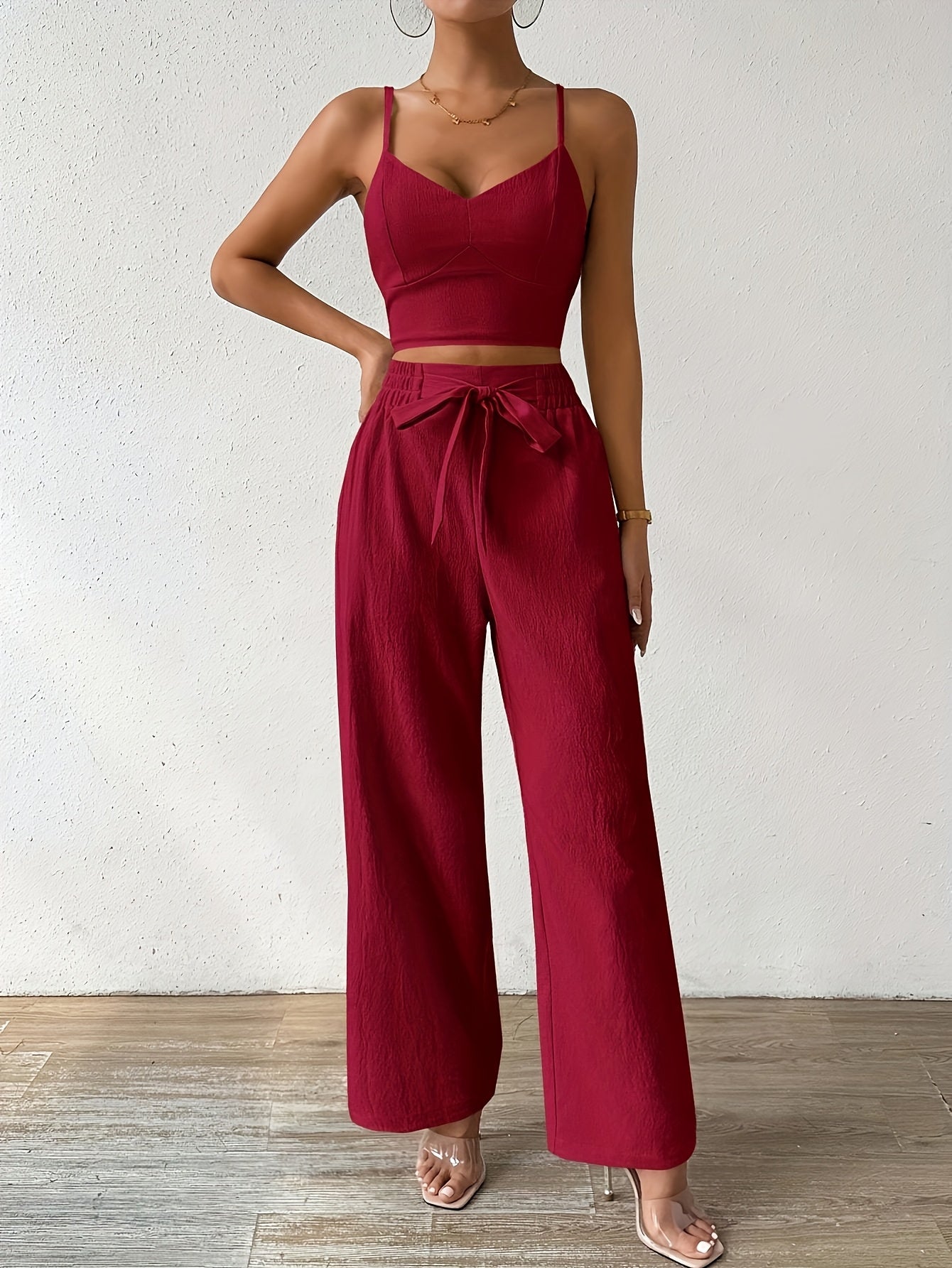 Women's Elegant Solid Color Polyester Off-Shoulder Top and Wide Leg Pants Set