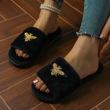 Pantuflas de felpa con dibujos de abejas para mujer: cálidas y antideslizantes