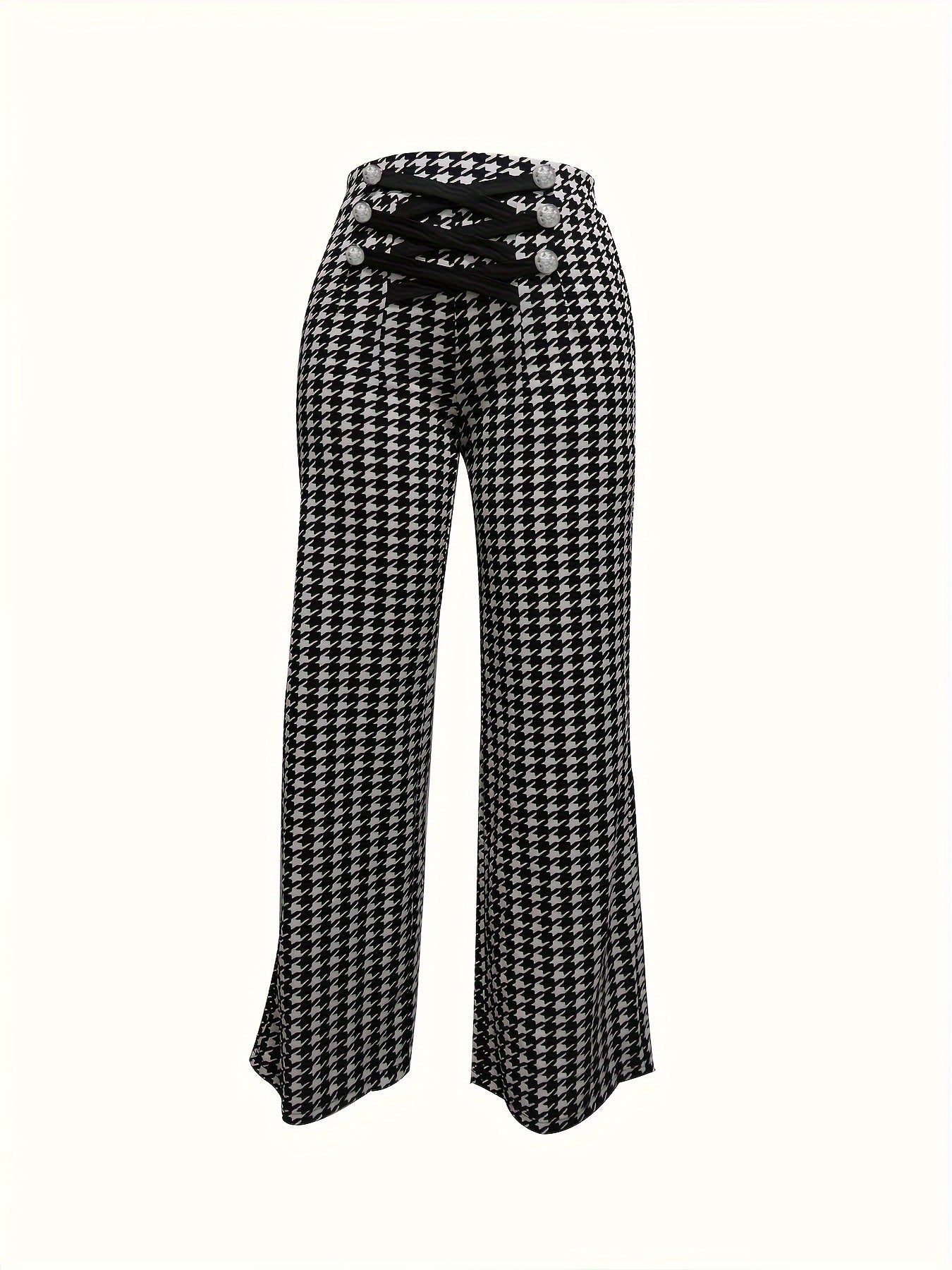 Stylish Houndstooth Wide-Leg Pants for Women - All-Season Comfort with Cross Tie Detail, Durable & Easy Care