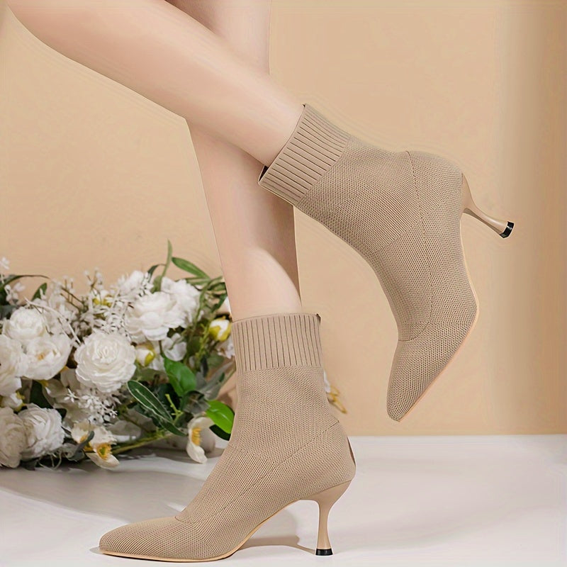 Stiletto Ankle Boots, Fashion Solid Color Knitted Slip On High Heeled Boots