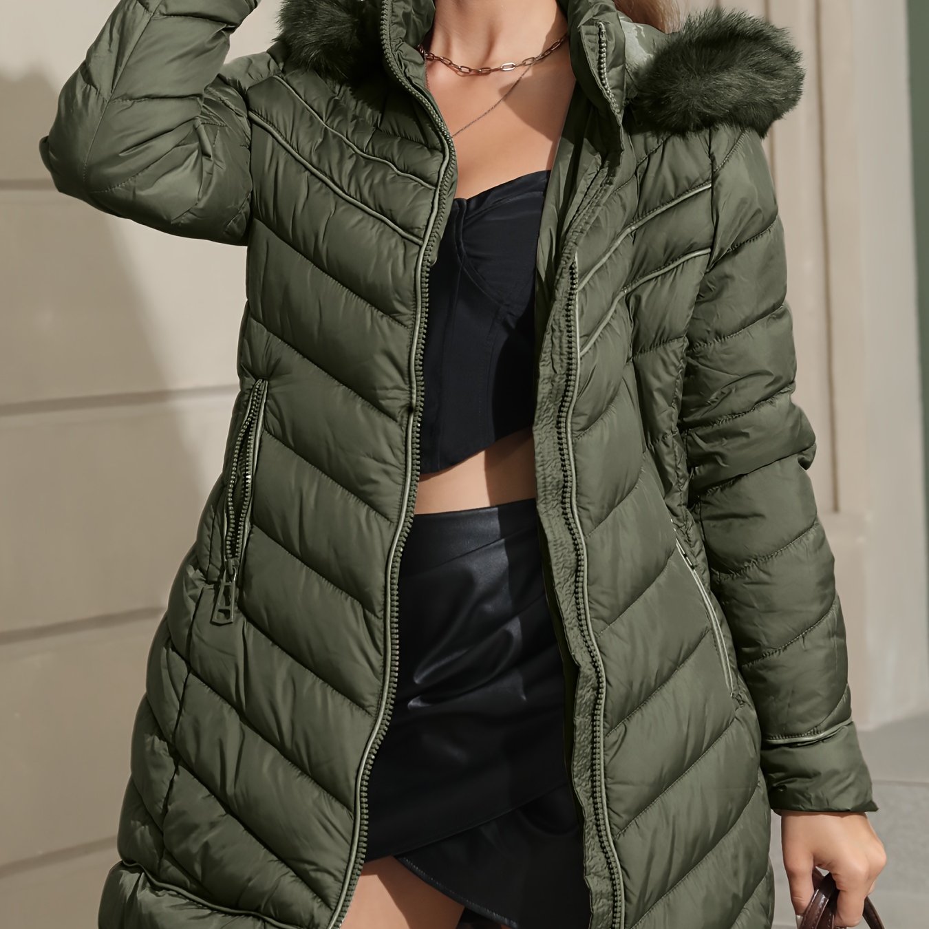 Zip-up Faux Fur Trim Hoodie Puffy Coat, Casual Thermal Long Sleeve Coat For Fall & Winter, Women's Clothing