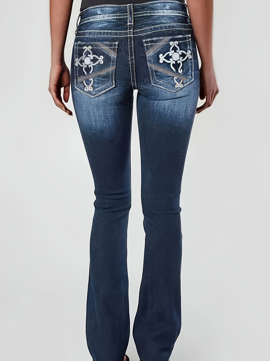 Women's plus size embroidered bell bottom jeans, back view, geometric pattern on pockets, casual stretch denim, all-season flared pants.