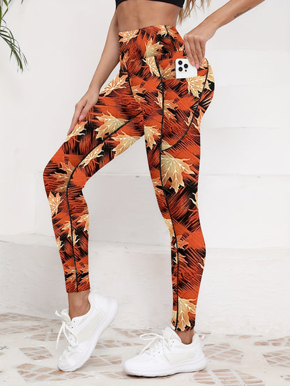 Women's High Waist Yoga Leggings With Pockets, Maple Leaf Print Workout Pants - All Season Fitness Tights