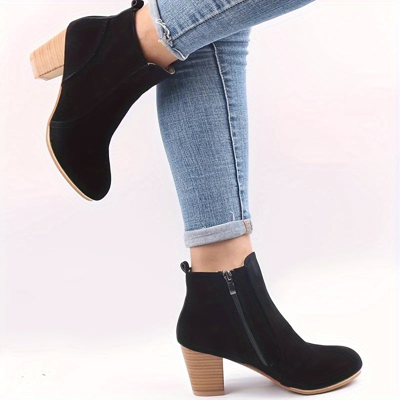 Womens Stylish Block Heel Ankle Boots - Casual Side Zipper Design for Effortless Chic - All-Day Comfortable Short Boots