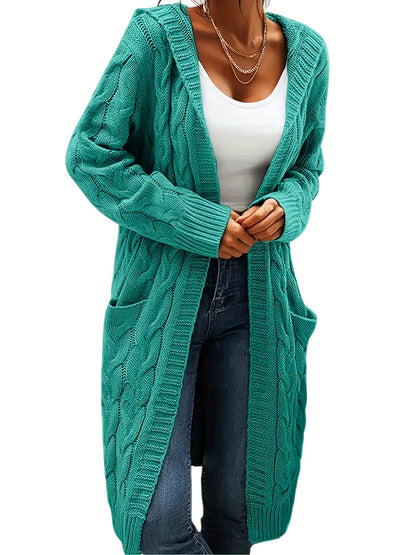 Plus Size Cozy Cardigan - Women's Solid Cable Long Sleeve Open Front Hooded Cardigan with Pockets for Casual Daily Wear