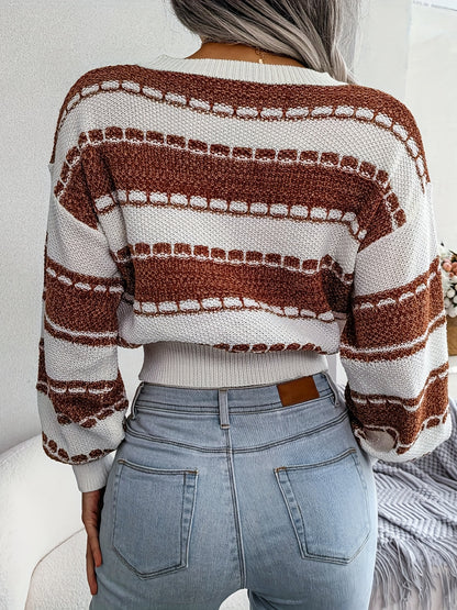 Cozy Striped Crew Neck Sweater - Soft Medium Stretch Acrylic Knit Fabric, High Elasticity, Casual Long Sleeve Loose Fit for Winter - Womens Clothing for Everyday Wear