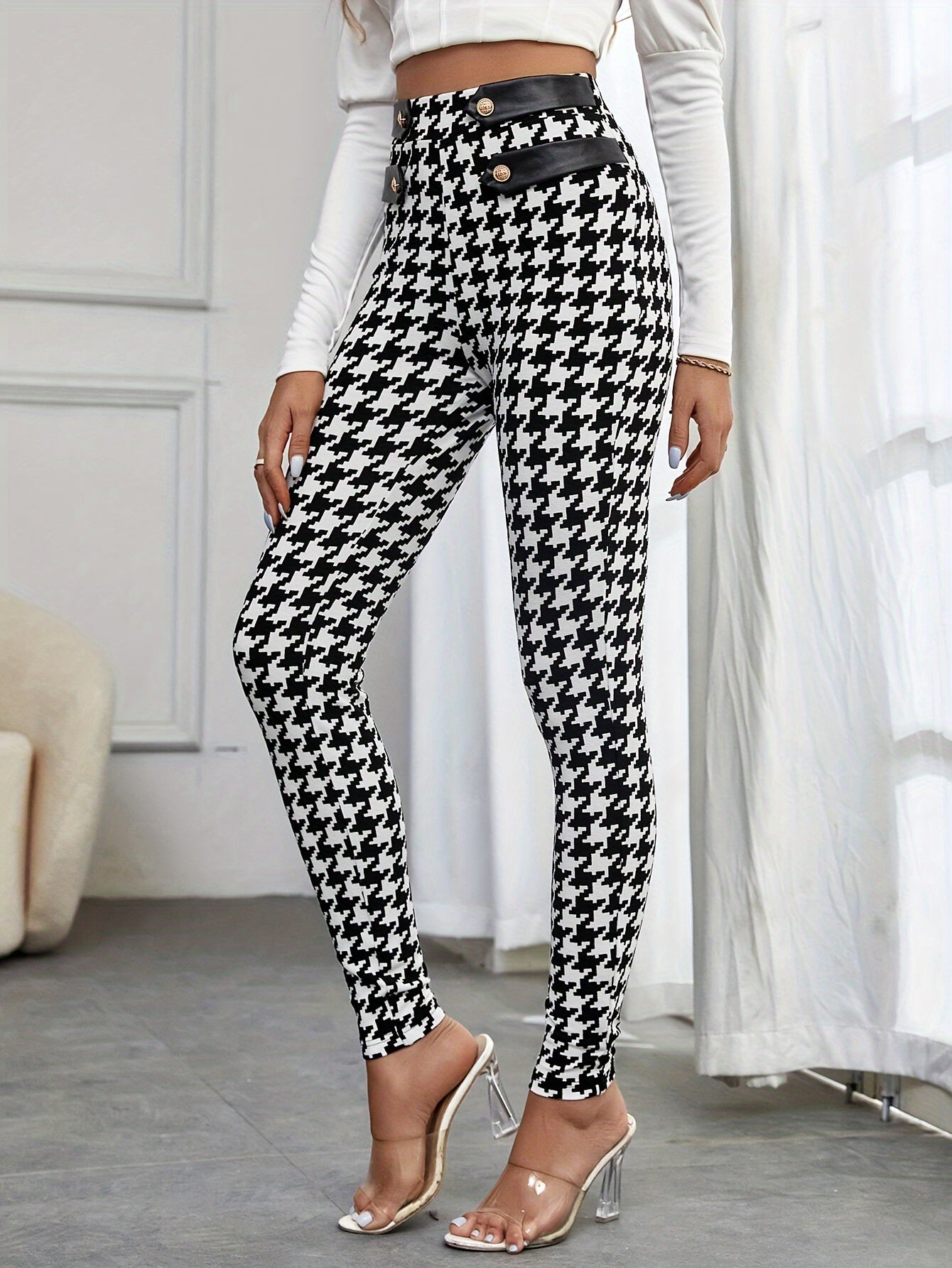 Chic Houndstooth Print High Waist Skinny Pants - LuxyXO