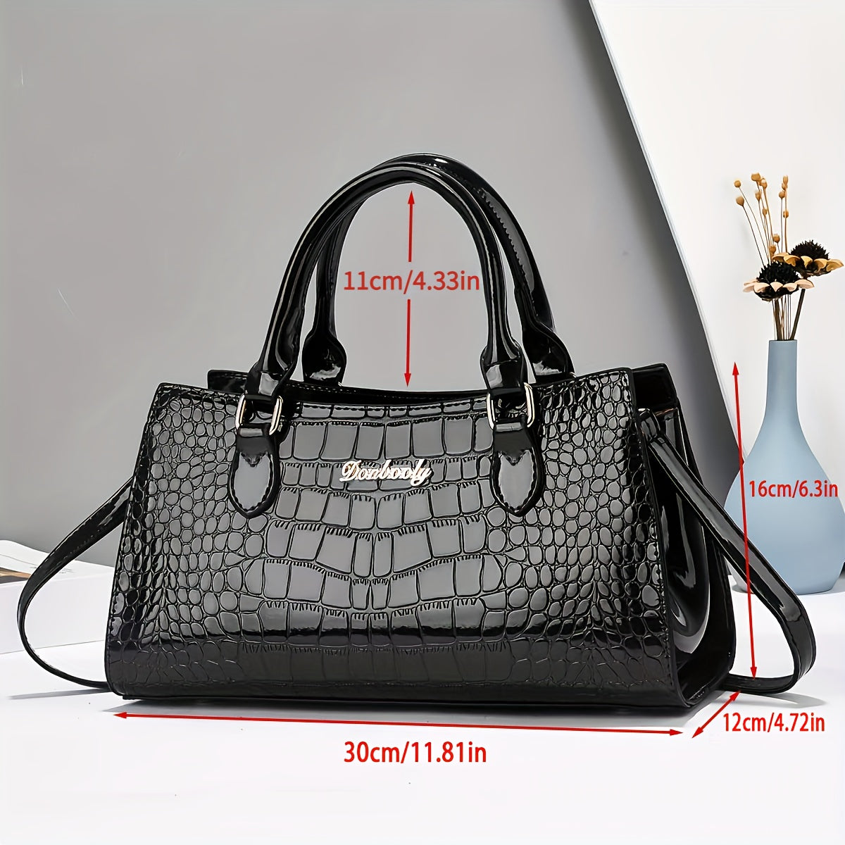 Elegant Black Crocodile-Embossed Women's Handbag - Versatile Crossbody & Shoulder Bag