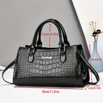 Elegant Black Crocodile-Embossed Women's Handbag - Versatile Crossbody & Shoulder Bag