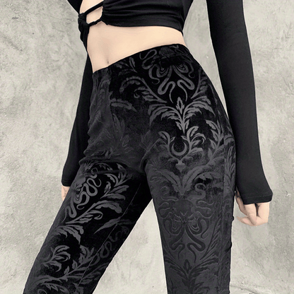 Gothic Floral Print High Waist Pants, Elegant Flare Leg Pants, Women's Clothing