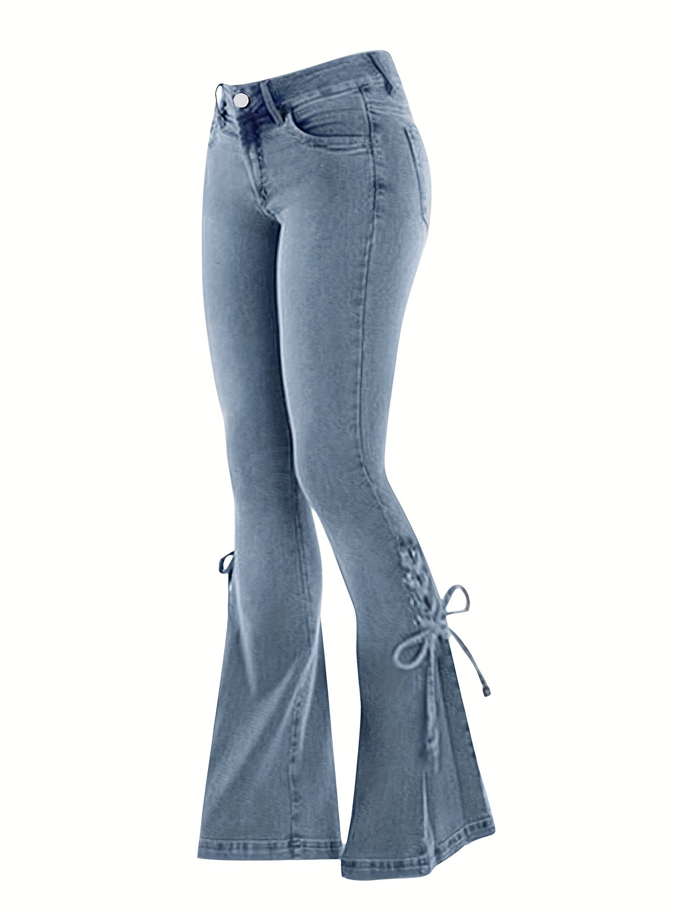 Plus Size Flared Leg Jeans - Elegant, High Stretch, Washed, Button Fly, Lace Up, Comfortable, Fashionable, and Versatile Denim Pants for Women